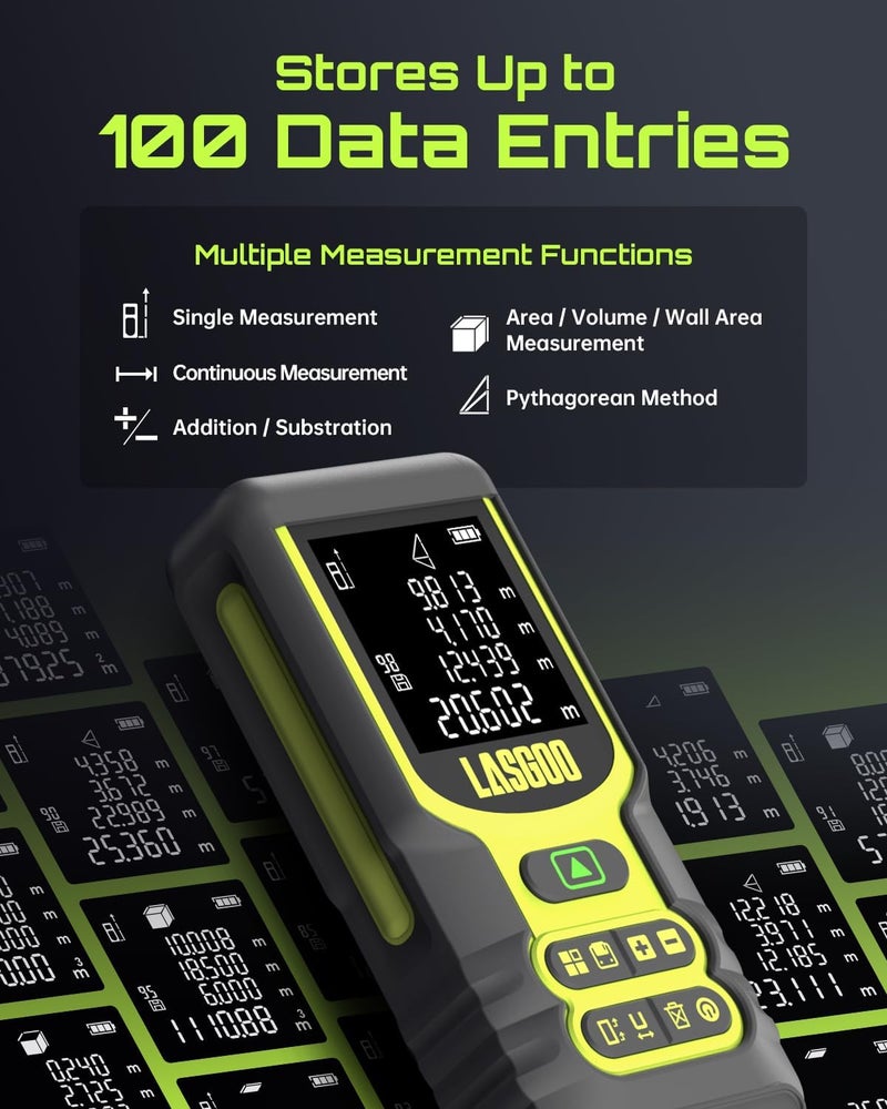LASGOO Laser Measure, 60m/197ft Laser Measurement Tool, Laser Distance Meter with Ft/in/M Multiple Units, LCD Backlit Display, Pythagorean Mode, Area and Volume, Battery Included - Image 3